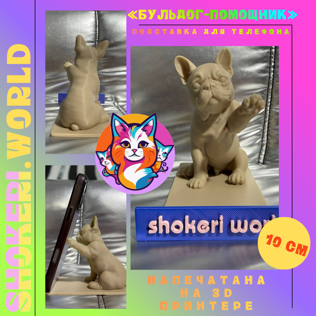 Подставка для телефона мерч«Бульдог-помощник» (3D-печать, кремовый)