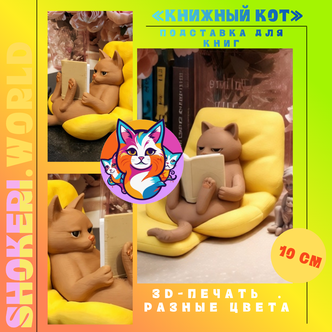 Подставка для книг «Книжный кот» (3D-печать, лежит на подушке, читает)